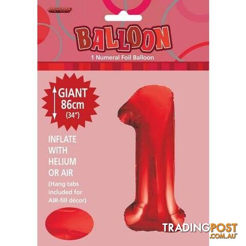 Red 1 Numeral Foil Balloon 86cm (34) - 9311965506010