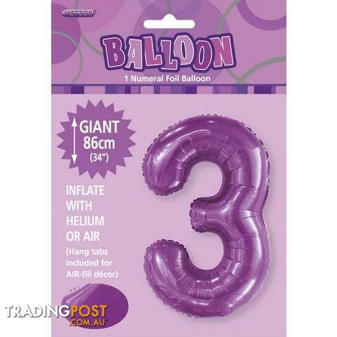 Pretty Purple 3 Numeral Foil Balloon 86cm (34) - 9311965506232