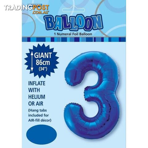Royal Blue 3 Numeral Foil Balloon 86cm (34) - 9311965483335