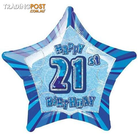 Glitz Blue 21st Birthday Star 50cm (20) Foil Balloon Packaged - 011179551279