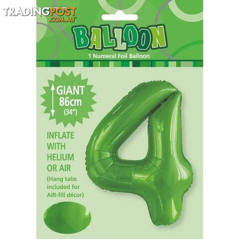 Lime Green 4 Numeral Foil Balloon 86cm (34) - 9311965506140
