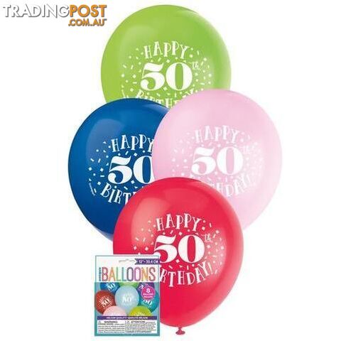 Happy 50th Birthday 8 x 30cm (12) Balloons - Assorted Colours - 011179549450