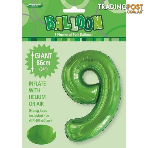 Lime Green 9 Numeral Foil Balloon 86cm (34) - 9311965506195