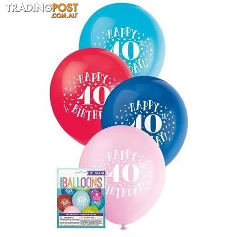Happy 40th Birthday 8 x 30cm (12) Balloons - Assorted Colours - 11179549443
