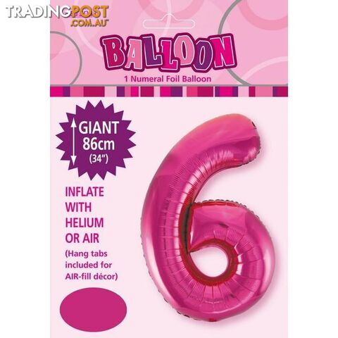 Hot Pink 6 Numeral Foil Balloon 86cm (34) - 9311965483267