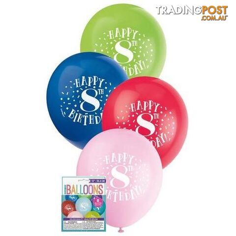 Happy 8th Birthday 8 x 30cm (12) Balloons - Assorted Colours - 011179549382