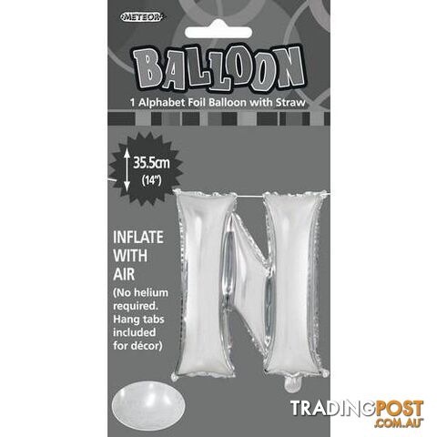 Silver N Alphabet Foil Balloon 35cm (14) - 9311965446934