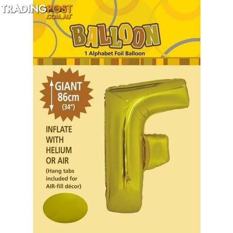 Gold F Alphabet Foil Balloon 86cm (34) - 9311965431657