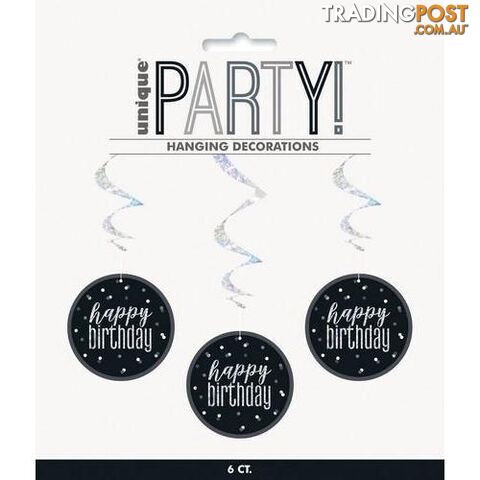 Black & Silver 6 Prismatic Hanging Swirl Decorations 81cm (32) - Happy Birthday - 011179837809