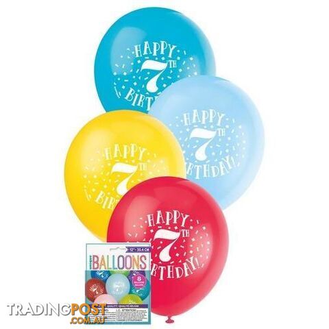 Happy 7th Birthday 8 x 30cm (12) Balloons - Assorted Colours - 011179549375