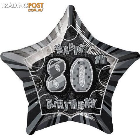 Glitz Black 80th Birithday Star 50cm (20) Foil Balloon Packaged - 011179559350