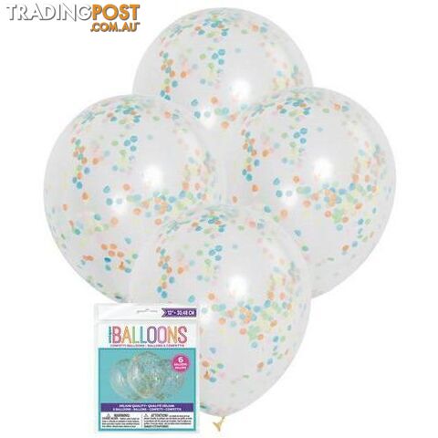 6 x 30.48cm (12) Clear Balloons Prefilled With Multi Coloured Confetti - 011179563982