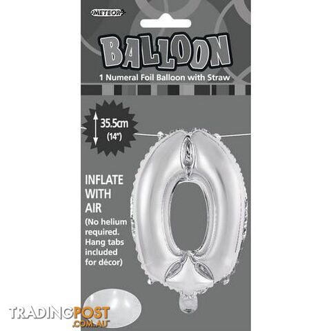 Silver 0 Numeral Foil Balloon 35cm (14) - 9311965428800
