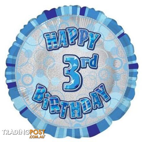 Glitz Blue 3rd Birthday Round 45cm (18) Foil Balloon Packaged - 011179556472