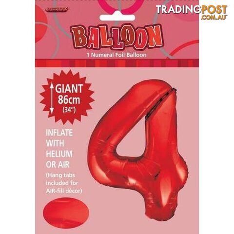 Red 4 Numeral Foil Balloon 86cm (34) - 9311965506041
