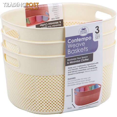 Contempo Plastic Storage Weave Baskets - 3 Pack Cream - 800112