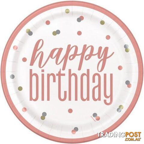 Rose Gold Happy Birthday 8 x 23cm (9) Paper Plates - 011179848928