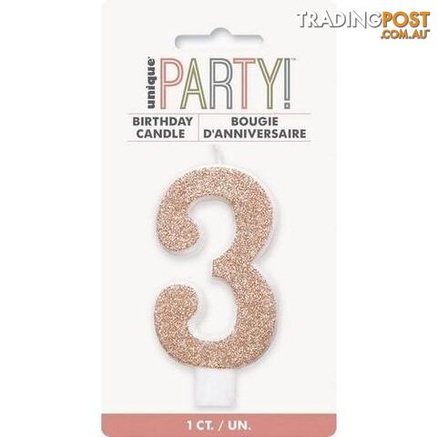 Numeral Candle 3 - Glitter Rose Gold - 011179849734