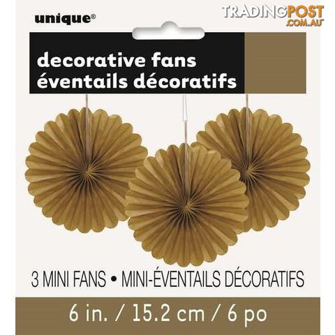 3 Decorative Fans Gold 15cm (6) - 011179632633