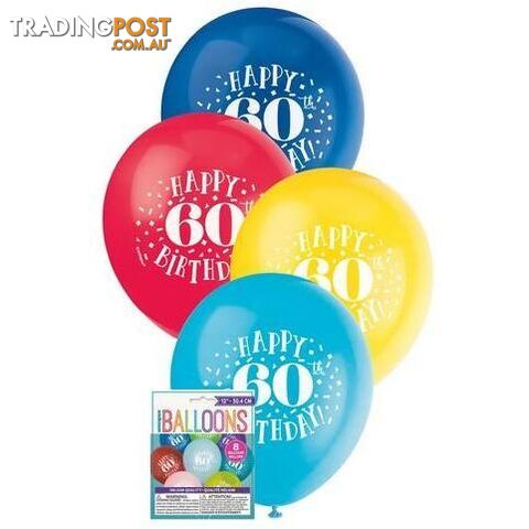Happy 60th Birthday 8 x 30cm (12) Balloons - Assorted Colours - 011179549467