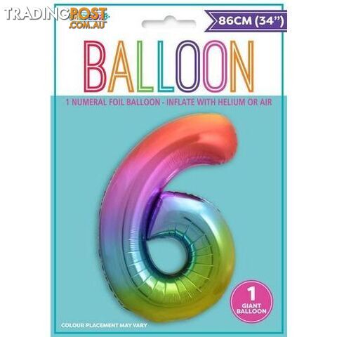 Rainbow 6 Numeral Foil Balloon 86cm (34) - 9311965448266