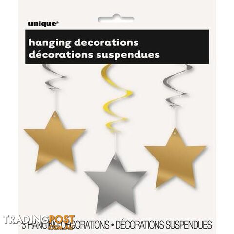 3 Star Swirl Hanging Decorations - Gold & Silver - 011179911868