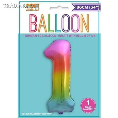 Rainbow 1 Numeral Foil Balloon 86cm (34) - 9311965448211