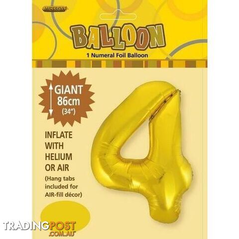 Gold 4 Numeral Foil Balloon 86cm (34) - 9311965483144