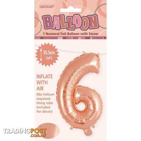 Rose Gold 6 Numeral Foil Balloon 35cm (14) - 9311965428466