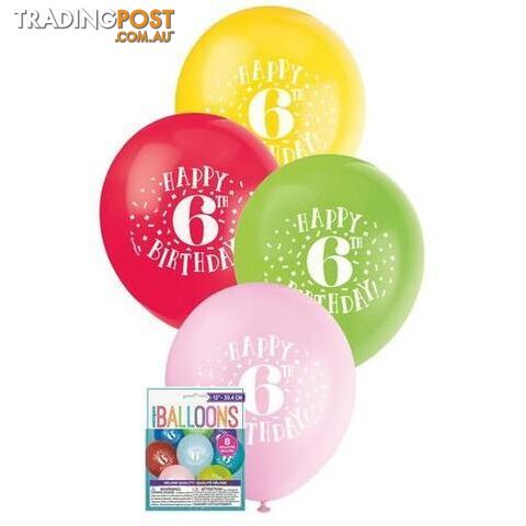 Happy 6th Birthday 8 x 30cm (12) Balloons - Assorted Colours - 011179549368