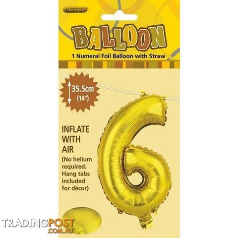 Gold 6 Numeral Foil Balloon 35cm (14) - 9311965428961