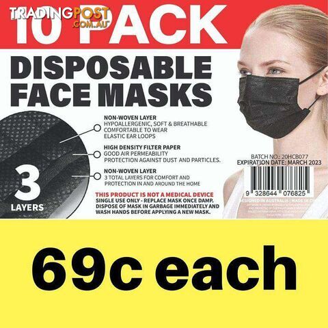 Disposable Adult Face Mask Black 10 PK - 9328644076825