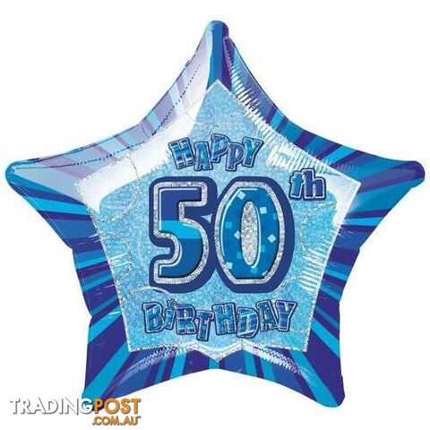 Glitz Blue 50th Birthday Star 50cm (20) Foil Balloon Packaged - 011179551330