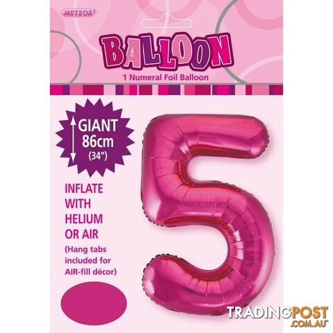 Hot Pink 5 Numeral Foil Balloon 86cm (34) - 9311965483250