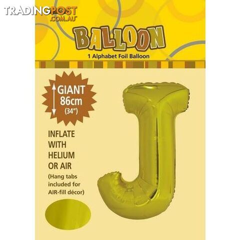 Gold J Alphabet Foil Balloon 86cm (34) - 9311965431695