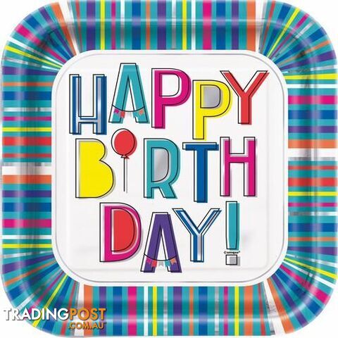Colourful Birthday 8 x 23cm (9) Foil Stamped Paper Plates - 9311965963639