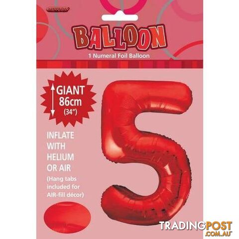 Red 5 Numeral Foil Balloon 86cm (34) - 9311965506058