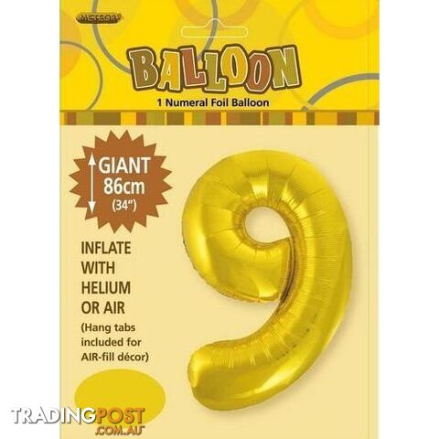 Gold 9 Numeral Foil Balloon 86cm (34) - 9311965483199