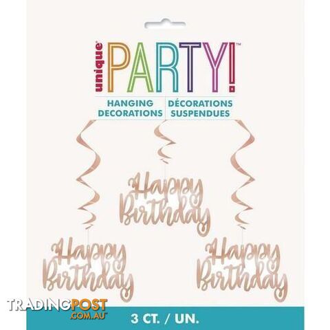Happy Birthday 3 Foil Hanging Swirl Decorations 81cm (32) L - Rose Gold -...