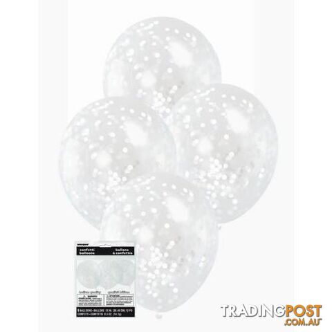 6 x 30cm (12) Clear Balloons With White Confetti - 011179581146