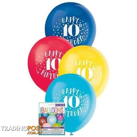 Happy 10th Birthday 8 x 30cm (12) Balloons - Assorted Colours - 011179549405