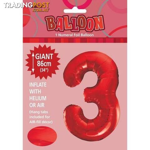 Red 3 Numeral Foil Balloon 86cm (34) - 9311965506034