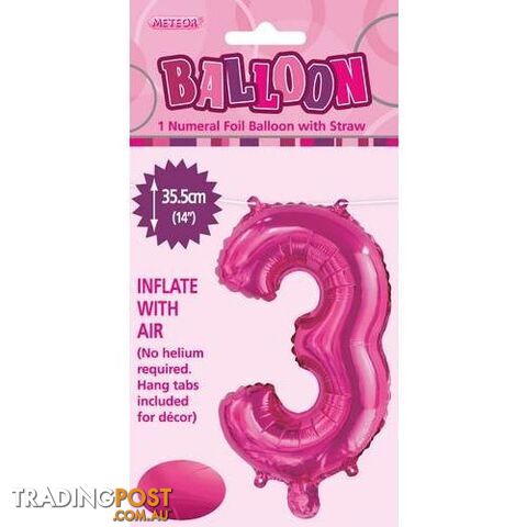 Hot Pink 3 Numeral Foil Balloon 35cm (14) - 9311965429036