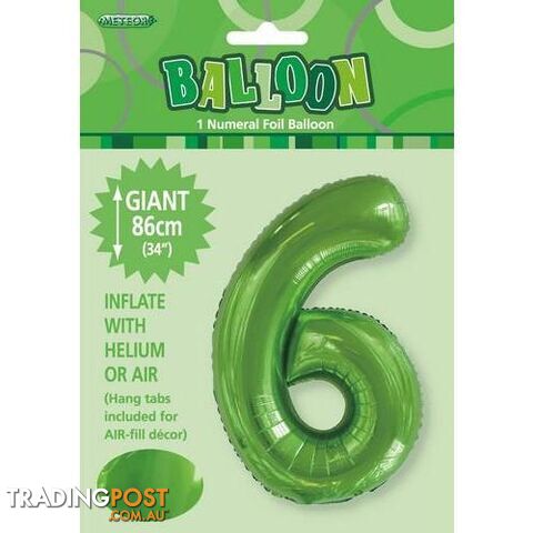Lime Green 6 Numeral Foil Balloon 86cm (34) - 9311965506164
