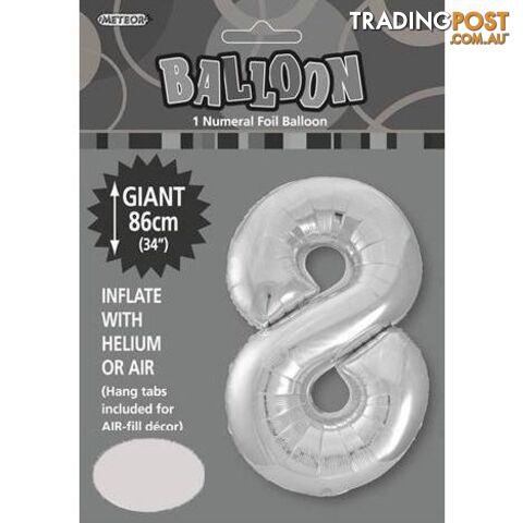 Silver 8 Numeral Foil Balloon 86cm (34) - 9311965482987