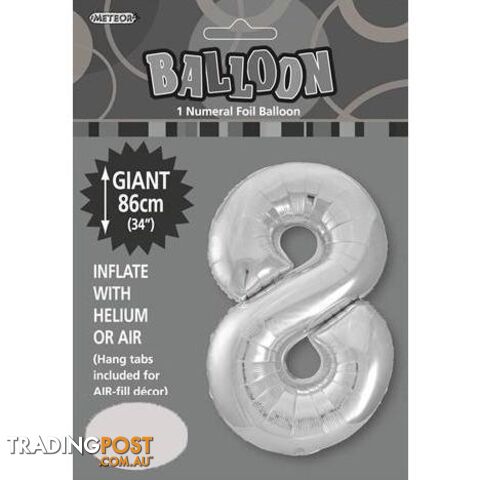 Silver 8 Numeral Foil Balloon 86cm (34) - 9311965482987
