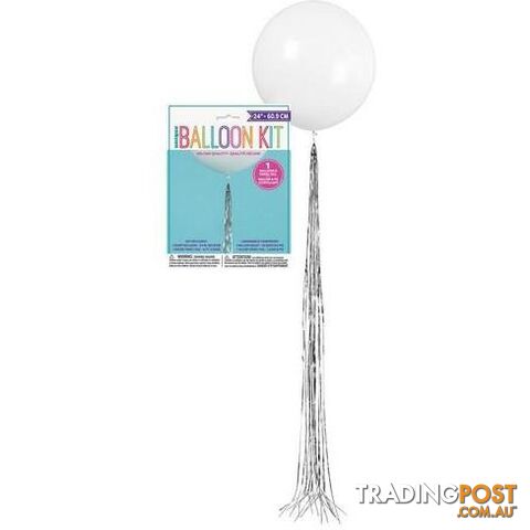 White 60.9cm (24) Latex Balloon With Silver Tassel - 011179546107