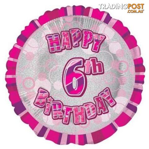 Glitz Pink 6th Birthday Round 45cm (18) Foil Balloon Packaged - 011179556366