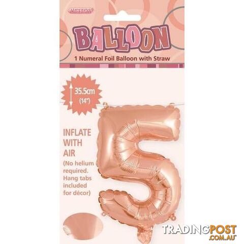 Rose Gold 5 Numeral Foil Balloon 35cm (14) - 9311965428459