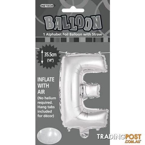 Silver E Alphabet Foil Balloon 35cm (14) - 9311965446842